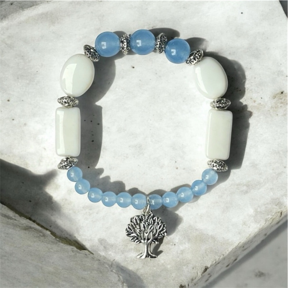 White Calcite & Sky Blue Jade Beaded Bracelet
